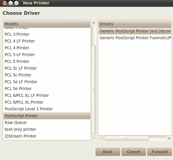 Linux Wireless setup Choose PostScript Printer